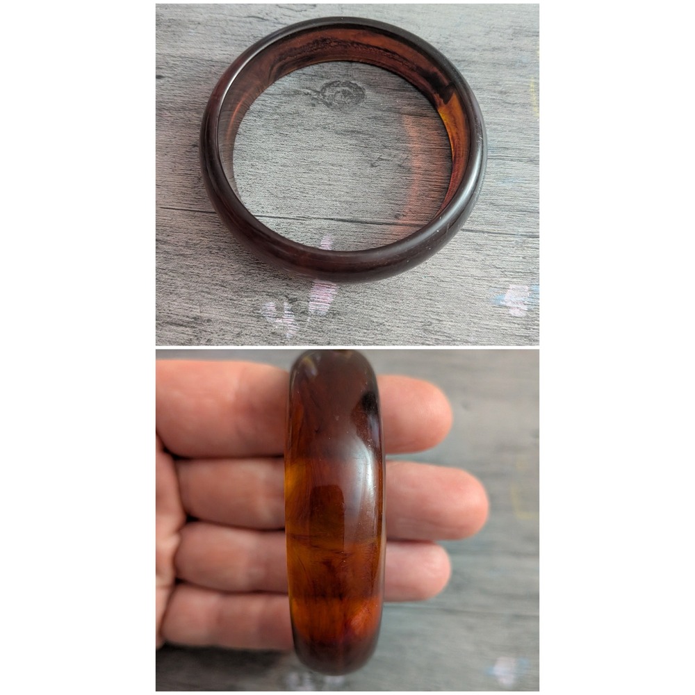 Vintage Tortoise Shell Bangle Bracelet Amber Brown Resin Chunky Retro Statement